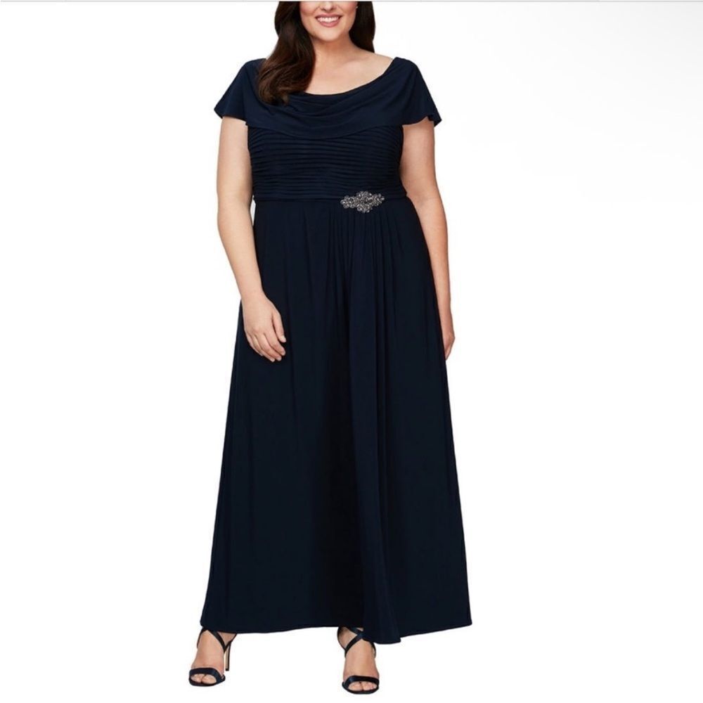 Alex Evenings NWT Cowl Neck A-Line Matte Jersey Pleated Bodice Gown Navy 12